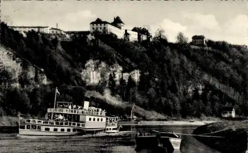 Ak Fürstenberg an der Weser, Dampfer, Ruderboot, Dampferanleger, Jagdschloss