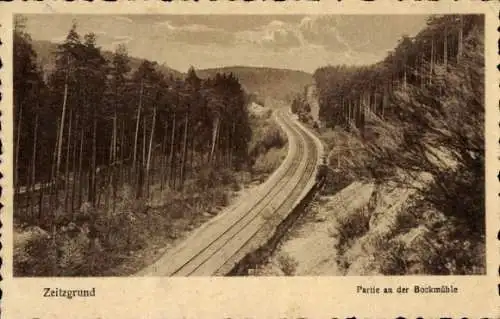 Ak Stadtroda in Thüringen, Zeitzgrund, Bahngleise, Wald, Hügel, sepiafarbener Himmel, Bockmühle