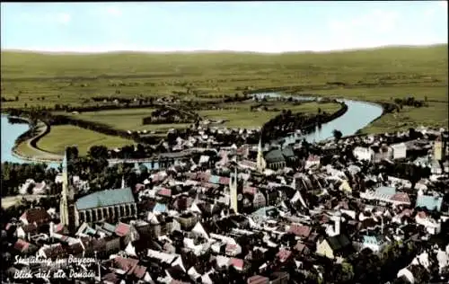 Ak Donauwörth in Schwaben Bayern, Luftaufnahme der Stadt, Blick auf die Donau, mehrere Kirchtü...