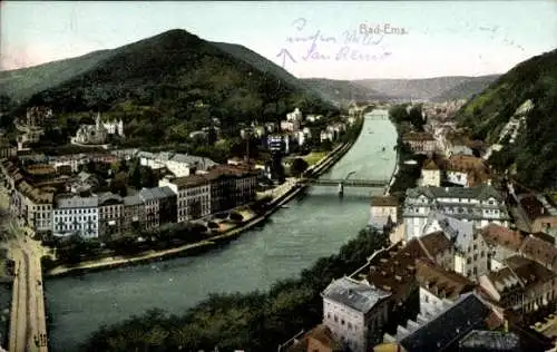 Ak Bad Ems an der Lahn, Landschaftsaufnahme, Rhein, Bergkulisse, historische Architektur