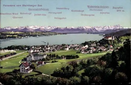 Ak Starnberg am Starnberger See Oberbayern, Panoramablick,  Gebirgen, Züge, Landschaft, Seen