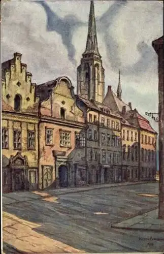 Ak Plzeň Pilsen Stadt, Illustrierte Straßenansicht, Kirche, alte Gebäude, Wolken