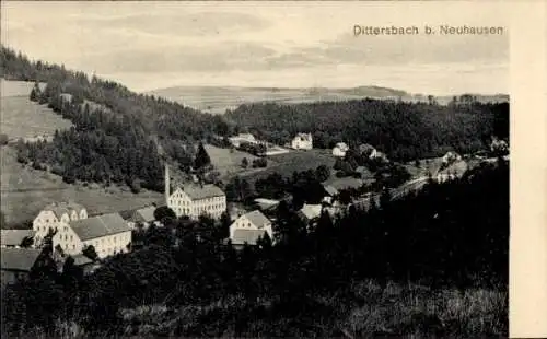 Ak Dittersbach Neuhausen im Erzgebirge, Landschaft mit Wald, Häusern, Kirche, Berglandschaft