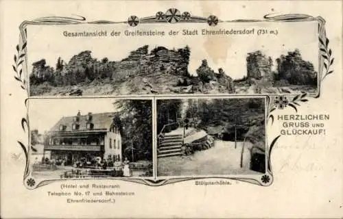 Ak Ehrenfriedersdorf im Erzgebirge, Greifensteine, Hotel und Restaurant, Stülpnerhöhle