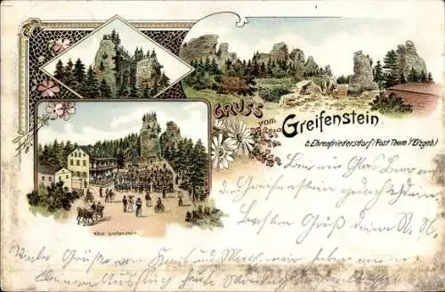 Ak Greifenstein im Westerwald Hessen, Gruß vom  malerische Felsenlandschaft, Menschenansammlun...