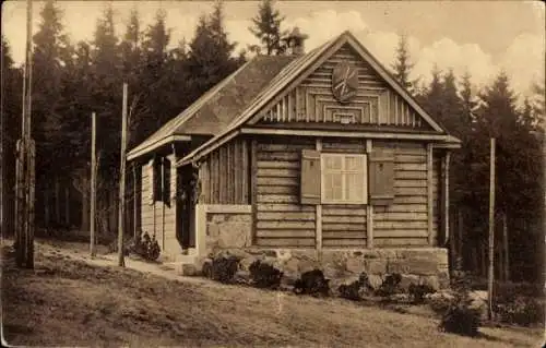 Ak Carlsfeld Eibenstock im Erzgebirge, Blick auf Skihütte des Ski Klub Eibenstock