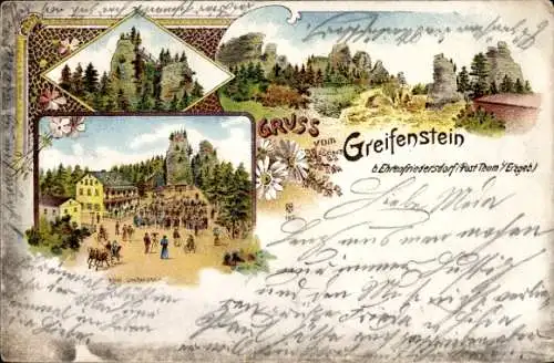 Ak Ehrenfriedersdorf im Erzgebirge, Postkarte mit Berglandschaft, Gruppe von Menschen, Hotel