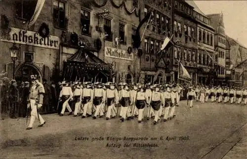 Ak Freiberg in Sachsen, Königs-Bergparade, Aufzug der Hüttenleute, 6. April 1905, festlich ges...