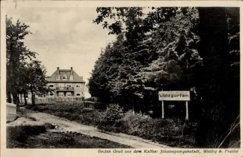 Ak Weißig Freital in Sachsen, Waldgarten, Kaffee Johanngeorgenstadt, Grüß von Willy Rost