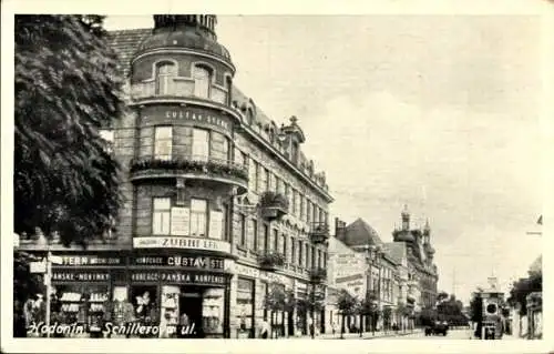 Ak Hodonín Göding Südmähren, Architektur, Schilder, Straßenansicht, Schillerova ulice, histori...