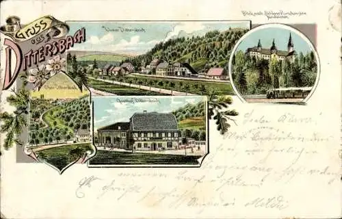 Litho Dittersbach Neuhausen im Erzgebirge, Gesamtansicht, Gasthof