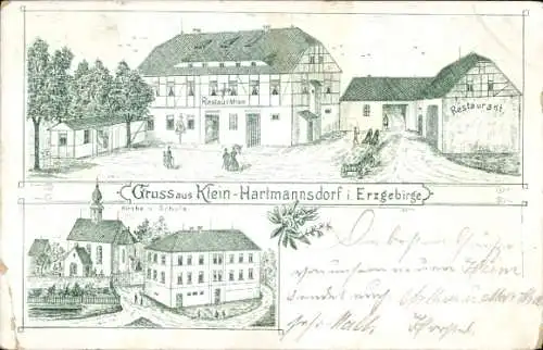 Litho Kleinhartmannsdorf Eppendorf in Sachsen, Restauration, Kirche, Schule