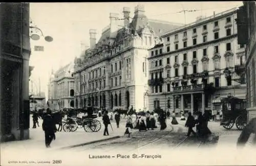 Ak Lausanne Kanton Waadt, Straße mit Menschen, alte Gebäude, Pferdefuhrwerke, Place St.-François