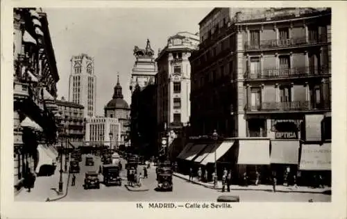 Ak Madrid Spanien, Stadtansicht mit Calle de Sevilla, Hotel Principe und Geschäften