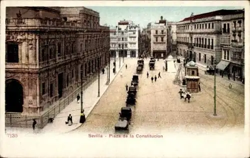 Ak Sevilla Andalusien, Vorderansicht der Plaza de la Constitucion, historische Architektur, Fa...