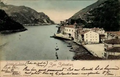 Ak Donostia San Sebastian Baskenland, Hafenansicht, Gebäude am Wasser, Landschaft, Boote