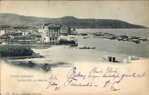 Ak Hondarribia Fuenterrabia Baskenland,  Barrio de la Marina, Küstenansicht, Boote auf dem Wasser