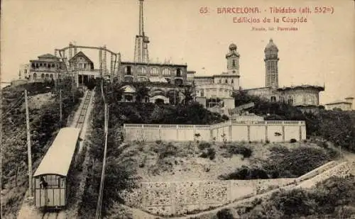 Ak Barcelona Katalonien Spanien, Tibidabo, Gebäude auf dem Gipfel, Standseilbahn