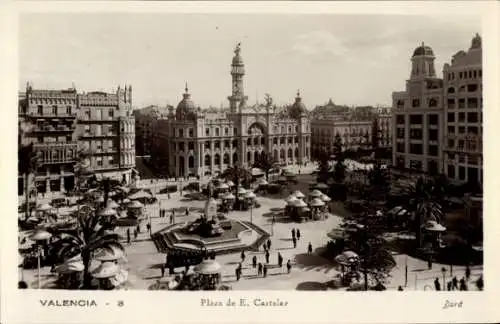 Ak Valencia Stadt Spanien, Plaza de E. Castelar, Stadtansicht, Brunnen, Gebäudearchitektur, Me...