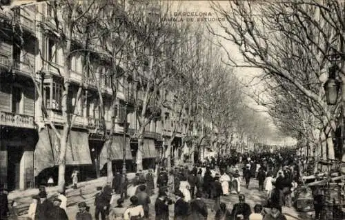 Ak Barcelona Katalonien Spanien, Blick auf die Rambla de Estudios, viele Menschen, Bäume