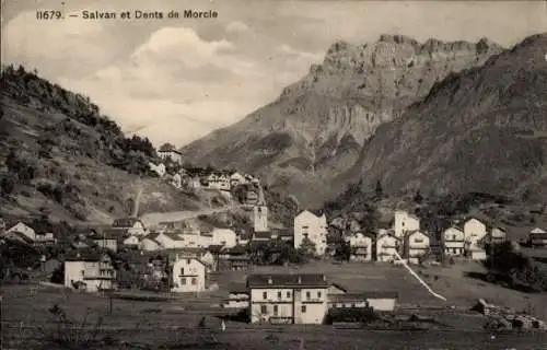 Ak Salvan Kanton Wallis Schweiz, Berglandschaft, Dents de Morcle, Gebäude im Vordergrund