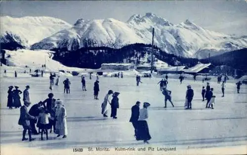 Ak Sankt Moritz Kanton Graubünden, Kulm rink und Piz Languard, Eisläufer