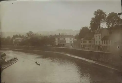 Original Foto Saarbrücken im Saarland, Saarpartie mit Ruderboot und Lastenkahn, um 1900