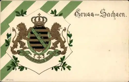 Wappen Litho Gruß aus Sachsen, Providentiae Memor, Löwen