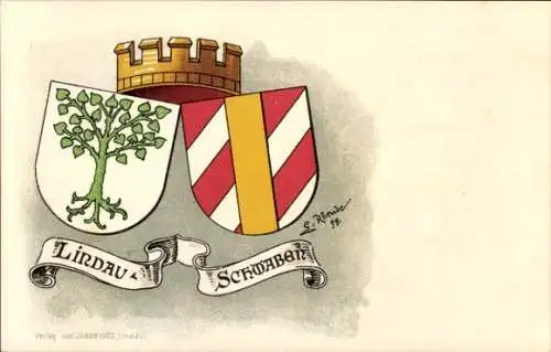 Künstler Wappen Litho Rhende, Lindau am Bodensee Schwaben, zwei Wappen, Krone