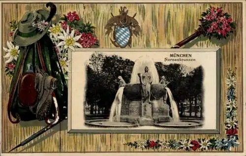 Präge Wappen Passepartout Ak München, Nornenbrunnen, Wanderausrüstung, Edelweiß