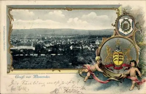 Präge Wappen Passepartout Ak Winnenden in Württemberg, Panorama, Engel