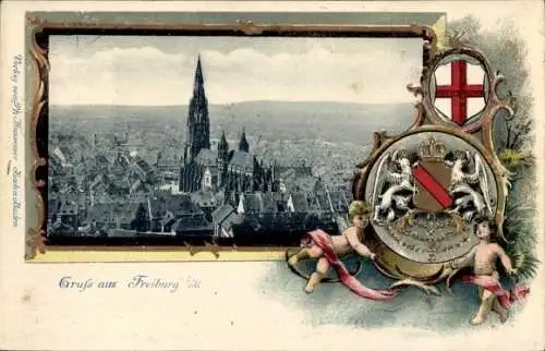 Präge Wappen Passepartout Ak Freiburg im Breisgau, Münster, Stadt, Engel