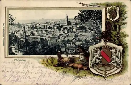 Präge Wappen Passepartout Ak Pforzheim im Schwarzwald, Gesamtansicht