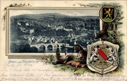 Präge Wappen Passepartout Ak Heidelberg am Neckar, Panorama, Jagdhund mit Beute