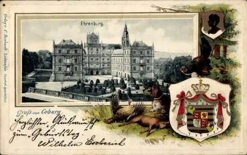 Präge Wappen Passepartout Ak Coburg in Oberfranken, Ehrenburg, Jagdhund, erlegter Hase und Fasan