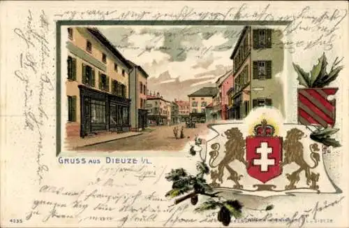 Präge Wappen Passepartout Litho Dieuze Duss Duß Lothringen Moselle, Straßenansicht