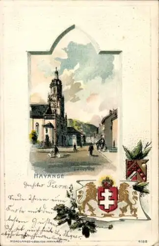 Präge Wappen Passepartout Ak Hayange Hayingen Lothringen Moselle, Kirche