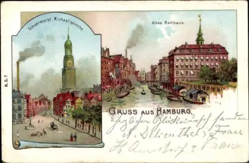 Litho Hamburg, Schaarmarkt mit Michaeliskirche, Altes Rathaus an der Elbe, Brücke und Boote