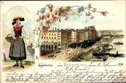 Litho Hamburg Mitte Altstadt, Vierländer Tracht, Alsterpartie