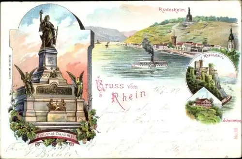 Litho Rüdesheim Rhein, Dampfer, Niederwald National Denkmal, Rheinstein