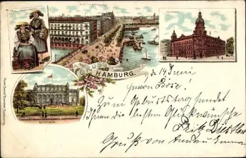 Litho Hamburg Mitte Altstadt, Alter Jungfernstieg, Hauptpost, Vierländerin, Kunsthalle