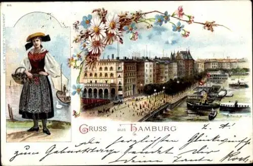 Litho Hamburg Mitte Altstadt, Vierländer Tracht, Alsterpartie