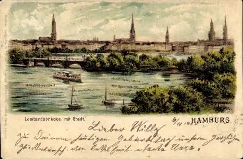 Litho Hamburg, Lombardsbrücke, Gesamtansicht