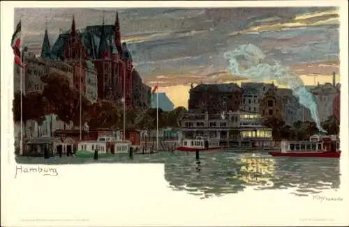 Künstler Litho Kley, Hamburg, Abendstimmung, Anlegeplatz der Alsterboote