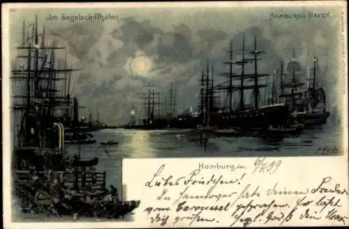 Mondschein Künstler Litho Heide, A., Hamburg, Segelschiffhafen