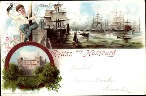 Litho Hamburg St. Pauli, Segelschiffhafen mit Seewarte, Matrose am Mast