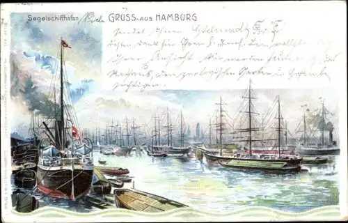 Litho Hamburg, Blick auf den Segelschiffhafen, Ruderboote