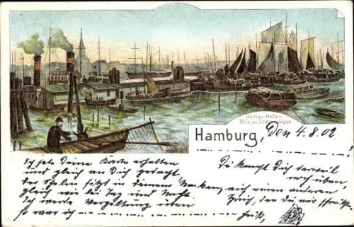 Litho Hamburg, Blick in den Binnen Hafen vom Steinwerder, Segelschiffe, Dampfer