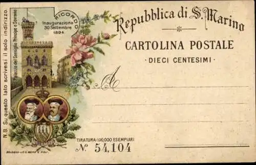Litho San Marino, Palazzo del Consiglio Principe e Sovrano, Inaugurazione 1894
