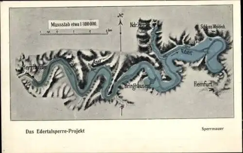 Ak Waldeck am Edersee Hessen, Edertalsperre, Sperrmauer, Projekt